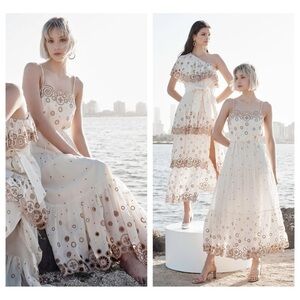 Elliatt Nina Midi Dress in Ivory Bronze with Embroidered Metallic Accents Size M
